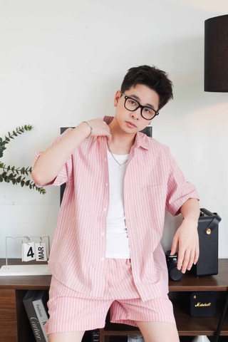 Bộ sơ mi & quần short Hồng kẻ Sọc vải Kate oxford