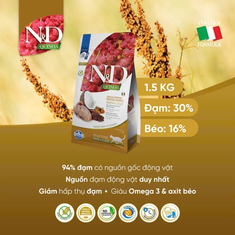 Hạt Adult CAT Quinoa Skin&Coat -Quail, Quinoa, Coconut, Turmeric Farmina N&D | Đẹp da lông Chim cút, Diêm mạch, Dừa, Nghệ Mèo trưởng thành