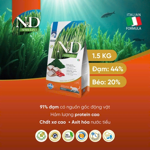 Hạt ADULT Cat Spirulina -Herring, Spirulina, Wolfberry | Hạt Farmina N&D Cá trích, Tảo xoắn, Kỷ tử cho Mèo trưởng thành