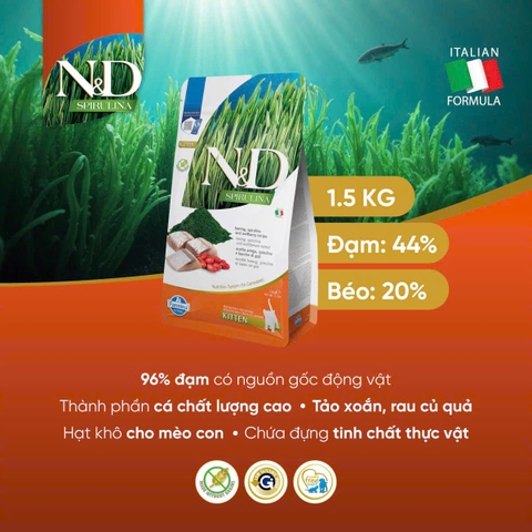 Hạt KITTEN Spirulina -Herring, Spirulina, Wolfberry | Hạt Farmina N&D Cá trích, Tảo xoắn, Kỷ tử cho Mèo con