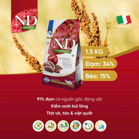 Hạt Quinoa Hairball -Duck, Quinoa, Apple and Cranberry | Hạt N&D Farmina Vịt, Quinoa, Táo, Nam việt quất cho Mèo Búi lông
