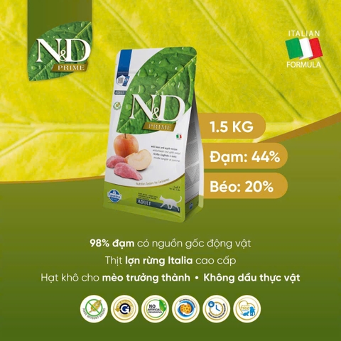 Hạt Adult Prime -Wild Boar & Apple | Hạt Farmina N&D Lợn rừng & Táo cho Mèo trưởng thành trên 12 tháng