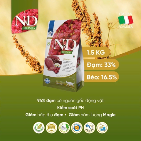 Hạt Quinoa Urinary Duck, Quinoa, Cranberry, Chamomile Farmina N&D - Hạt Vịt, Diêm mạch, Nam việt quất, Hoa cúc cho Mèo tiết niệu