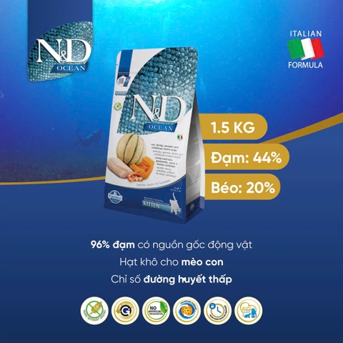 KITTEN Ocean -Cod, Shrimp, Pumpkin And Cantaloupe Melon | Hạt Farmina N&D Cá Tuyết, Tôm, Bí Ngô Và Dưa Đỏ cho Mèo Con