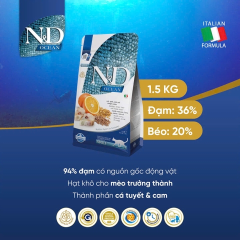 Hạt Adult CAT Ocean Cod, Spelt, Oats & Orange Farmina N&D | Mèo trưởng thành Cá Tuyết, Lúa mì, Yến Mạch & Cam