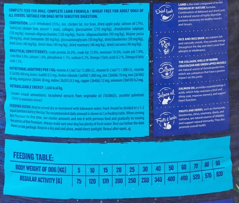 Hạt BRIT Premium by Nature SENSITIVE LAMB cho mọi giống Chó tiêu hóa nhạy cảm