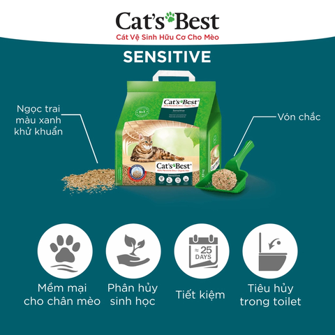 Cát gỗ Sensitive Cat's Best - CÁT GỖ MÈO VỆ SINH HỮU CƠ VÓN CỤC SIÊU THẤM HÚT VÀ KHÁNG KHUẨN CAT'S BEST SENSITIVE