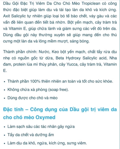 Sữa tắm Oxymed Anti-itch Shampoo Tropiclean - Sữa tắm làm dịu da khô, ngứa, kích ứng và viêm