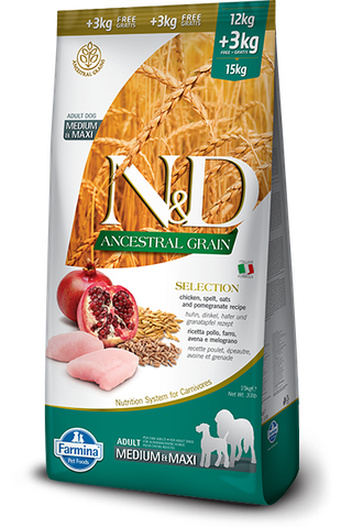 Hạt Ancestral Grain SELECTION Medium&Maxi Adult DOG -Chicken, Spelt, Oats, Pomegranate | Hạt Farmina N&D Gà, Lúa mì, Yến mạch, Lựu cho Chó trưởng thành cỡ vừa và lớn
