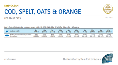Hạt Adult CAT Ocean Cod, Spelt, Oats & Orange Farmina N&D | Mèo trưởng thành Cá Tuyết, Lúa mì, Yến Mạch & Cam