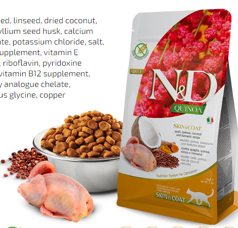 Hạt Adult CAT Quinoa Skin&Coat -Quail, Quinoa, Coconut, Turmeric Farmina N&D | Đẹp da lông Chim cút, Diêm mạch, Dừa, Nghệ Mèo trưởng thành
