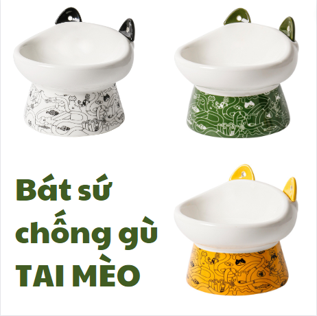Bát sứ kèm 2 thìa lắp tai Mèo tháo rời chống gù họa tiết