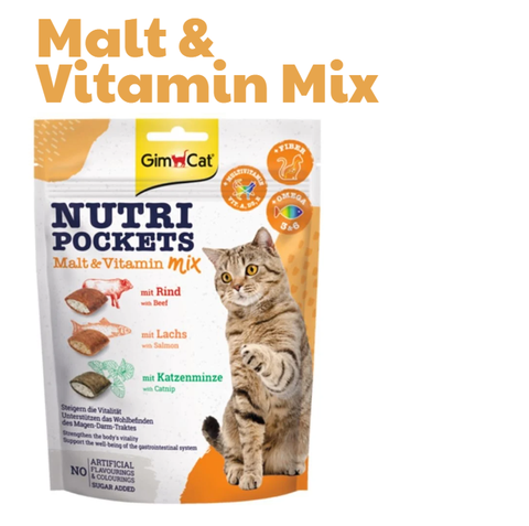 150gr -Malt Vitamin Mix -Nutri Pocket Gimcat - Bánh thưởng giòn có nhân vị Thịt Bò, Cá Hồi, Cỏ Mèo