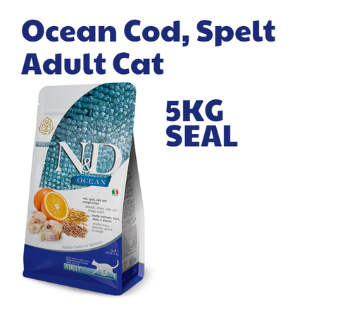 Hạt Adult CAT Ocean Cod, Spelt, Oats & Orange Farmina N&D | Mèo trưởng thành Cá Tuyết, Lúa mì, Yến Mạch & Cam