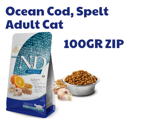 Hạt Adult CAT Ocean Cod, Spelt, Oats & Orange Farmina N&D | Mèo trưởng thành Cá Tuyết, Lúa mì, Yến Mạch & Cam