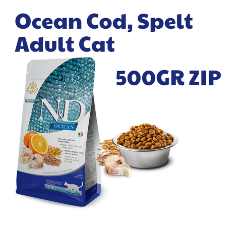 Hạt Adult CAT Ocean Cod, Spelt, Oats & Orange Farmina N&D | Mèo trưởng thành Cá Tuyết, Lúa mì, Yến Mạch & Cam