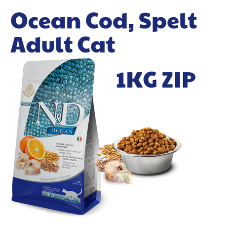 Hạt Adult CAT Ocean Cod, Spelt, Oats & Orange Farmina N&D | Mèo trưởng thành Cá Tuyết, Lúa mì, Yến Mạch & Cam