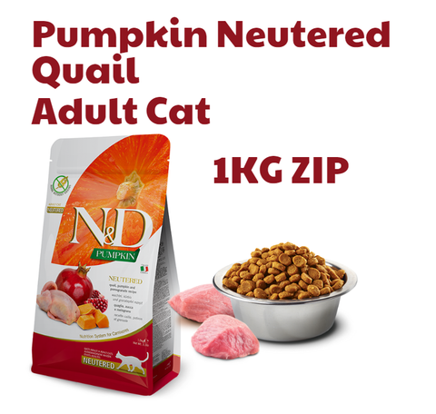 Hạt Adult CAT Pumpkin NEUTERED - Quail, Pumpkin & Pomegranate | Hạt Farmina N&D Chim cun cút, Bí Ngô & Lựu cho Mèo Triệt sản