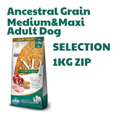 Hạt Ancestral Grain SELECTION Medium&Maxi Adult DOG -Chicken, Spelt, Oats, Pomegranate | Hạt Farmina N&D Gà, Lúa mì, Yến mạch, Lựu cho Chó trưởng thành cỡ vừa và lớn