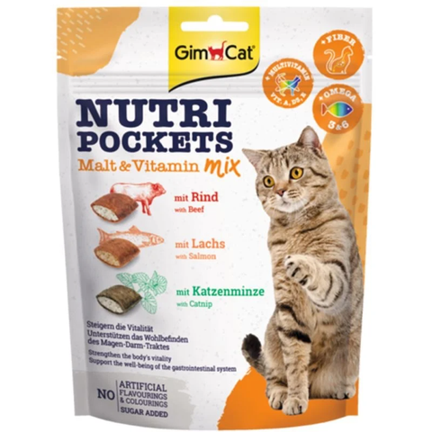 150gr -Malt Vitamin Mix -Nutri Pocket Gimcat - Bánh thưởng giòn có nhân vị Thịt Bò, Cá Hồi, Cỏ Mèo