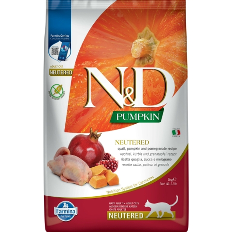 Hạt Adult CAT Pumpkin NEUTERED - Quail, Pumpkin & Pomegranate | Hạt Farmina N&D Chim cun cút, Bí Ngô & Lựu cho Mèo Triệt sản