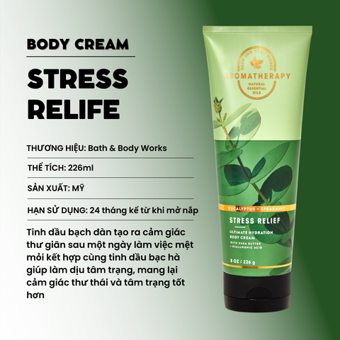 Body Cream - Kem Dưỡng Thể Aromatherapy Stress Relief Eucalyptus + Spearmint Bath & Body Works Giúp Da Mịn Màng 226ml