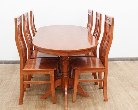 Bộ bàn ghế ăn gỗ sồi 1M6 6 bầu dục Bas3800