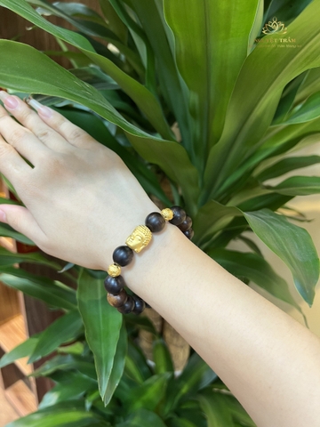 Vòng tay INDO nam nữ Hạt tròn Trầm Hương chìm mix vàng 24k mặt Phật