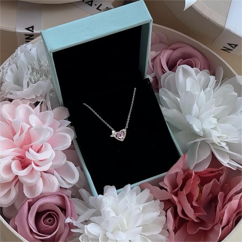 Dây Chuyền Bạc 925 Trái Tim Đá Hồng Gắn Nơ Nữ Tính - VCN516