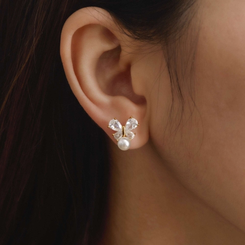 Khuyên Tai Bạc 925 Nơ Đính Đá Và Khảm Trai Tự Nhiên - VCE532 - Hover