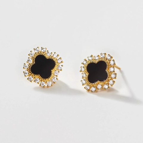 Bông Tai Bạc 925 Cỏ 4 Lá Đá Onyx Đen 4 Leaf Clover - VCE36