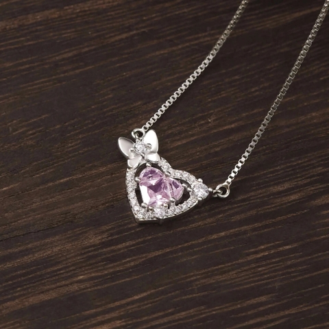 Dây Chuyền Bạc 925 Trái Tim Đá Hồng Gắn Nơ Nữ Tính - VCN516