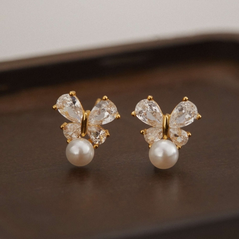 Khuyên Tai Bạc 925 Nơ Đính Đá Và Khảm Trai Tự Nhiên - VCE532