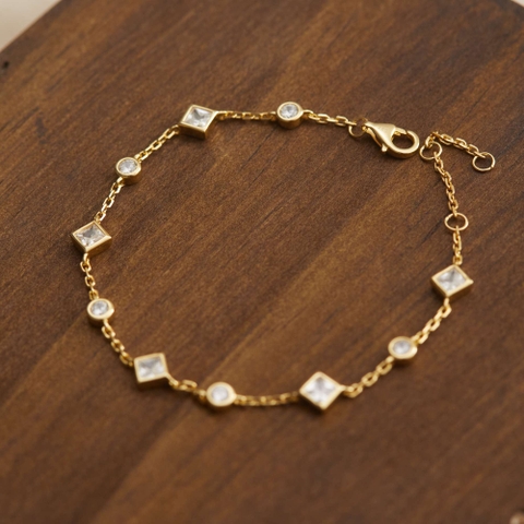 Lắc Tay Bạc 925 Charm Đá Tròn, Đá Thoi Xen Kẽ Lấp Lánh - VCB515