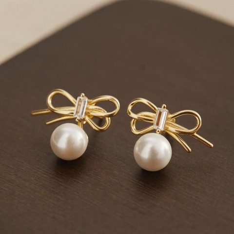 Khuyên Tai Bạc 925 Nơ Mảnh Đính Ngọc Trai Tự Nhiên - VCE531