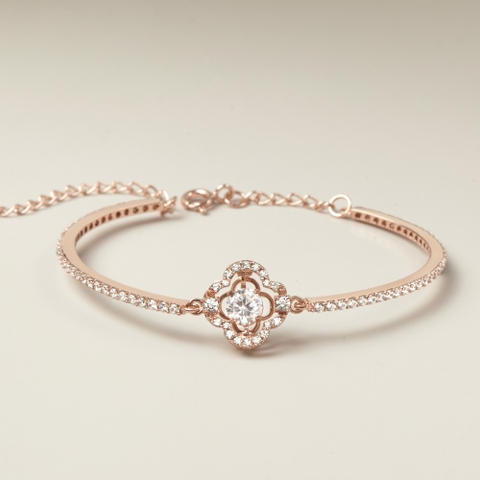 Kiềng Tay Cứng Bạc 925 Hình Cỏ 4 Lá Đá Nhảy 4 Leaf Clover - VGB12