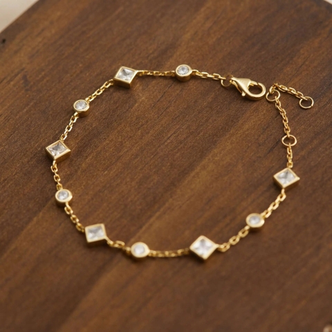 Lắc Tay Bạc 925 Charm Đá Tròn, Đá Thoi Xen Kẽ Lấp Lánh - VCB515