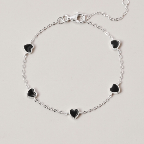 Lắc Tay Bạc 925 Đính 5 Charm Trái Tim Đá Onyx Đen Tự Nhiên - VCB507