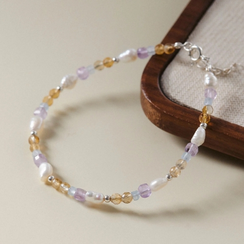 Lắc Tay Bạc 925 Ngọc Trai Phối Đá Aquamarine Thạch Anh Tím - VDB04