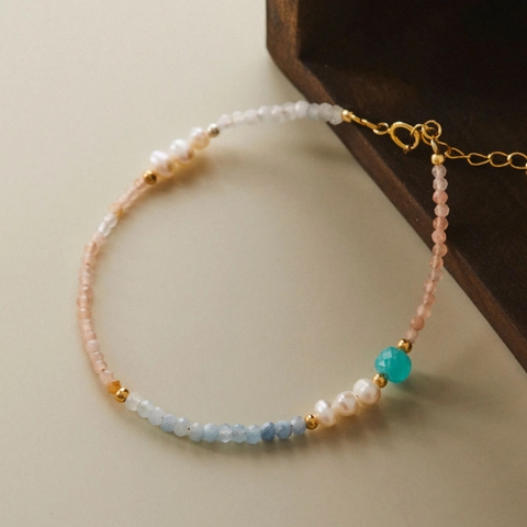 Lắc Tay Bạc 925 Ngọc Trai Đính Đá Aquamarine & Hồng Mặt Trời - VDB03