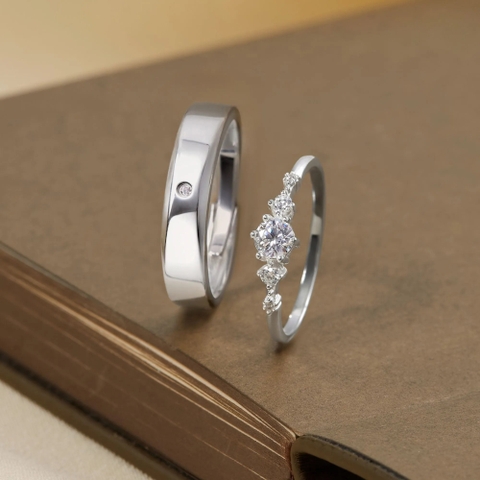 Nhẫn Đôi Freesize Bạc 925 Đính Đá Classic & Công Chúa - VYR16-VCR06