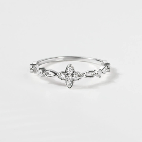 Nhẫn Bạc 925 Cỏ 4 Lá/Hoa 4 Cánh Đính Đá Giọt Nước - VCR28