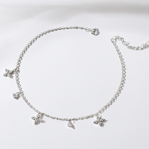 Quà Tặng 8/3 Lắc Chân Bạc 925 Charm Cỏ 4 Lá/ Sao 4 Cánh Xen Kẽ Charm Tròn Đính Đá - VCA500