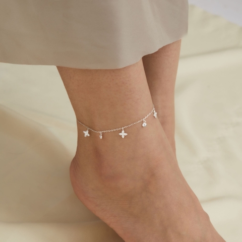 Quà Tặng 8/3 Lắc Chân Bạc 925 Charm Cỏ 4 Lá/ Sao 4 Cánh Xen Kẽ Charm Tròn Đính Đá - VCA500 - Hover