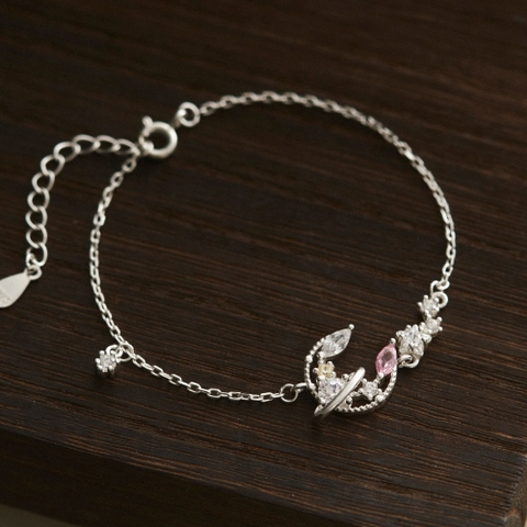 Vòng Tay Bạc 925 Hành Tinh Trăng Sao Galaxy Đính Đá Hồng, Xanh, Vàng - VCB508