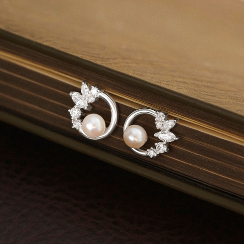 Hoa Tai Bạc 925 Hình Ngọc Trai Đính Đá Viền Vòng Tròn CARA LUNA - Pearl Stone Circle - VCE26