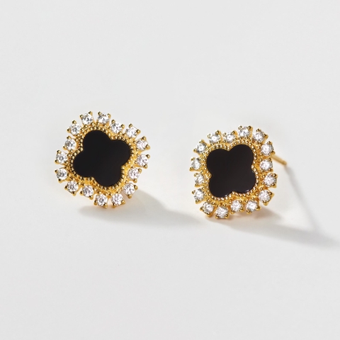 Quà Tặng 8/3 Bông Tai Bạc 925 Cỏ 4 Lá Đá Onyx Đen 4 Leaf Clover - VCE36