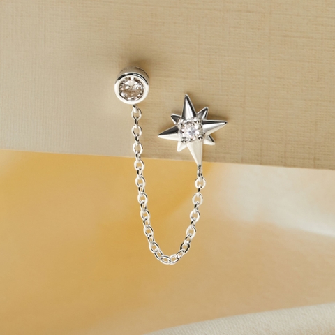 (1 Cái) Khuyên Tai 2 Lỗ Bạc 925 Dạng Xích Mặt Sao Đính Đá Star Tassel Earrings - VCE502-L - Hover