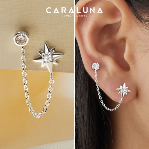 (1 Cái) Khuyên Tai 2 Lỗ Bạc 925 Dạng Xích Mặt Sao Đính Đá Star Tassel Earrings - VCE502-L