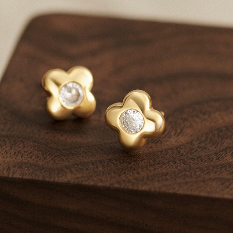 Hoa Tai Bạc 925 Cỏ 4 Lá Đính Đá Chủ May Mắn 4 Leaf Clover - VCE513